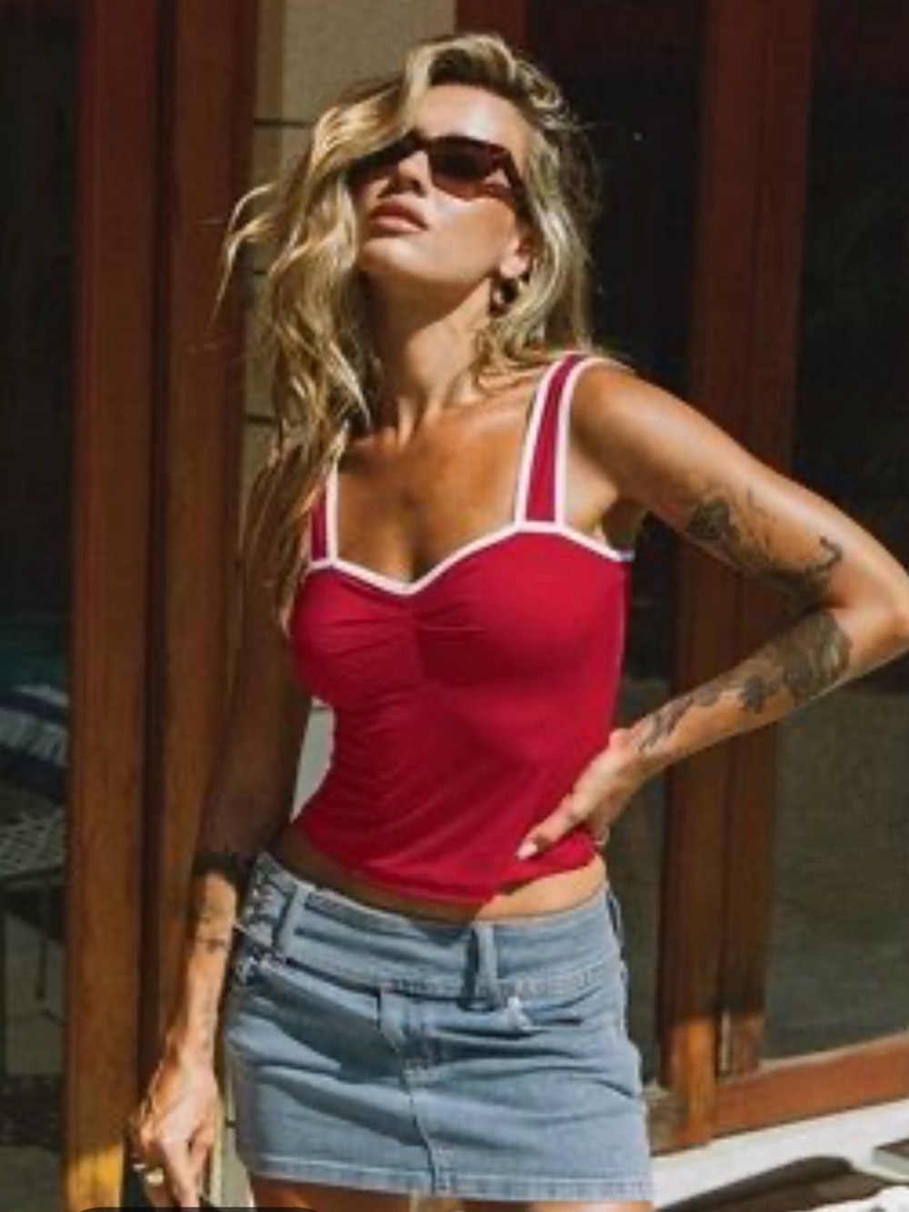Princess Polly Red Swim Tank Top with White Trim